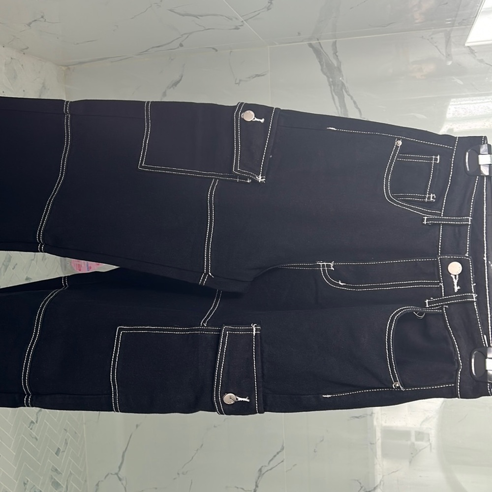 High Waist Flap Pocket Whip Stitch Jeans